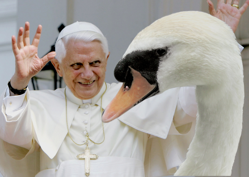 Pope Benedict XVI greets journalists from a balcony of German President Horst Koehler's, unseen, presedential residence in Bonn, western Germany, Friday, Aug. 19, 2005. Pope Benedict XVI on Friday became the second Pope to visit a synagogue, stopping to pray and remember Holocaust victims with Cologne's Jewish community. (AP Photo/Jochen Luebke, pool)