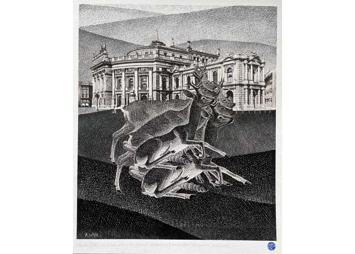 Padajoči srnjak pred Burgtheatrom / Cikel Bambi Dunaj - srednja